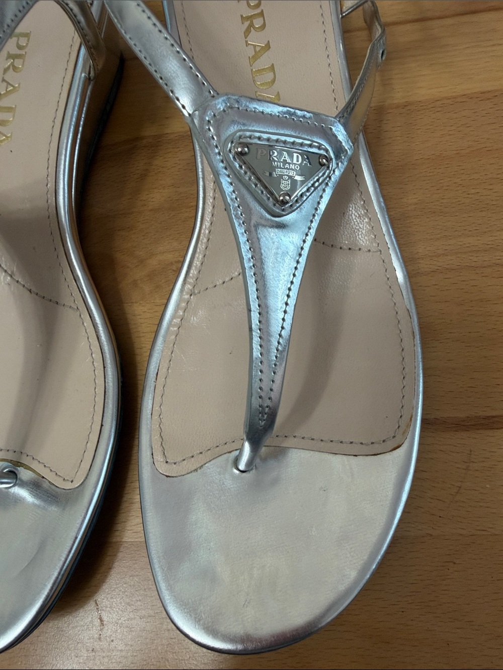 Prada Metallic Silver T-Strap Logo Sandals - Picture 4 of 15